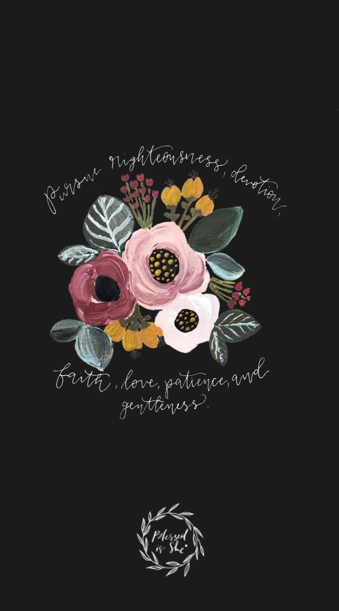 Flowers 桌布 壁紙 — 一個精緻的花束，包含粉紅色、白色和黃色的花朵以及綠葉，放在黑色背景上，並帶有斜體勵志文字。