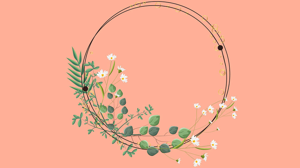 Circle 桌布 壁紙 — 一個精緻的花環，由白色雛菊和綠色葉子組成，點綴在柔和蜜桃色背景上的極簡黑色圓形框架。