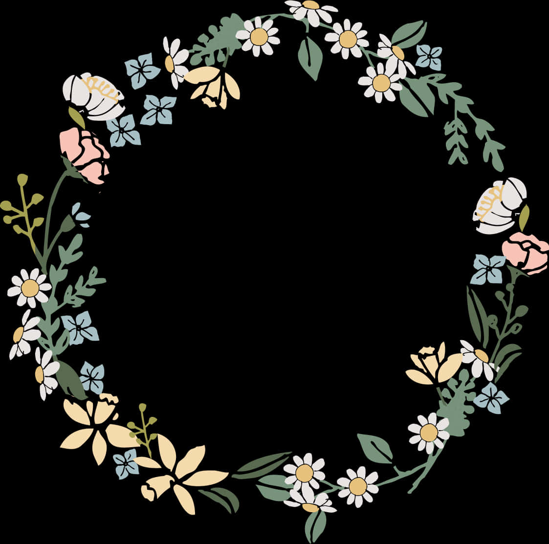 Flower Wreath 桌布 壁紙 — 一個精緻的花環，由雛菊、玫瑰和葉子組成，在純黑背景上形成圓形框架。