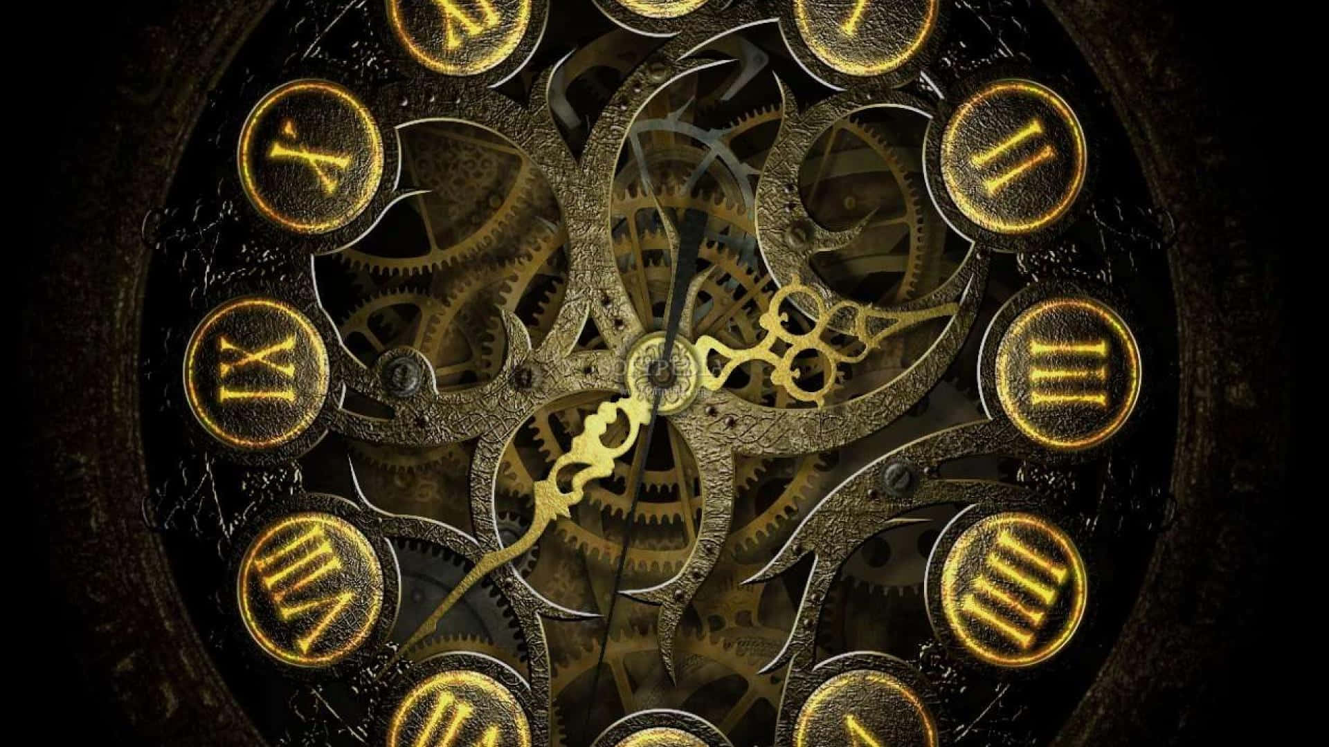 Dark Steampunk 桌布 壁紙 — 一個精緻的蒸氣龐克時鐘，帶有金色羅馬數字和暴露的齒輪，背景為深色。