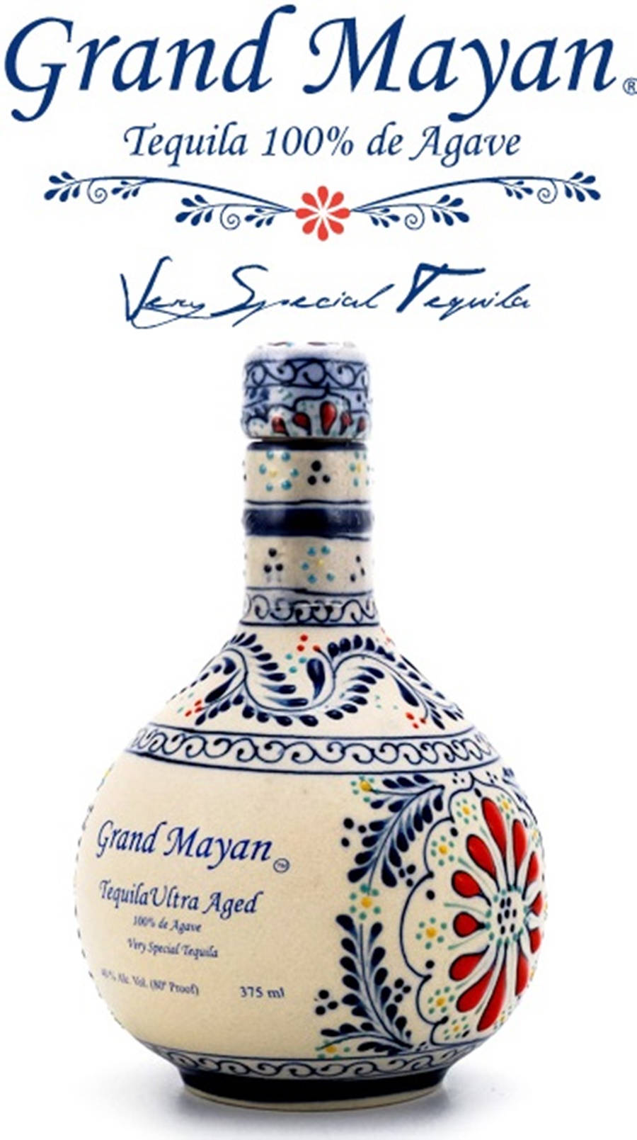 alcohol 桌布 壁紙 — 一個精美裝飾的陶瓷瓶，內裝 Grand Mayan Ultra Aged Tequila，帶有藍色、紅色和黃色的花卉圖案，背景為白色。