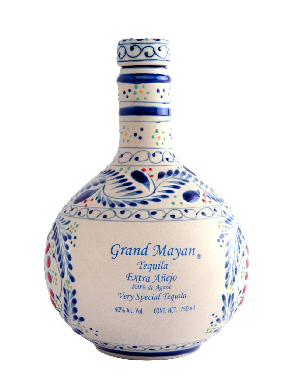 alcohol 桌布 壁紙 — 一個精美裝飾的陶瓷龍舌蘭酒瓶，帶有藍色花卉圖案和彩色圓點，背景為白色。