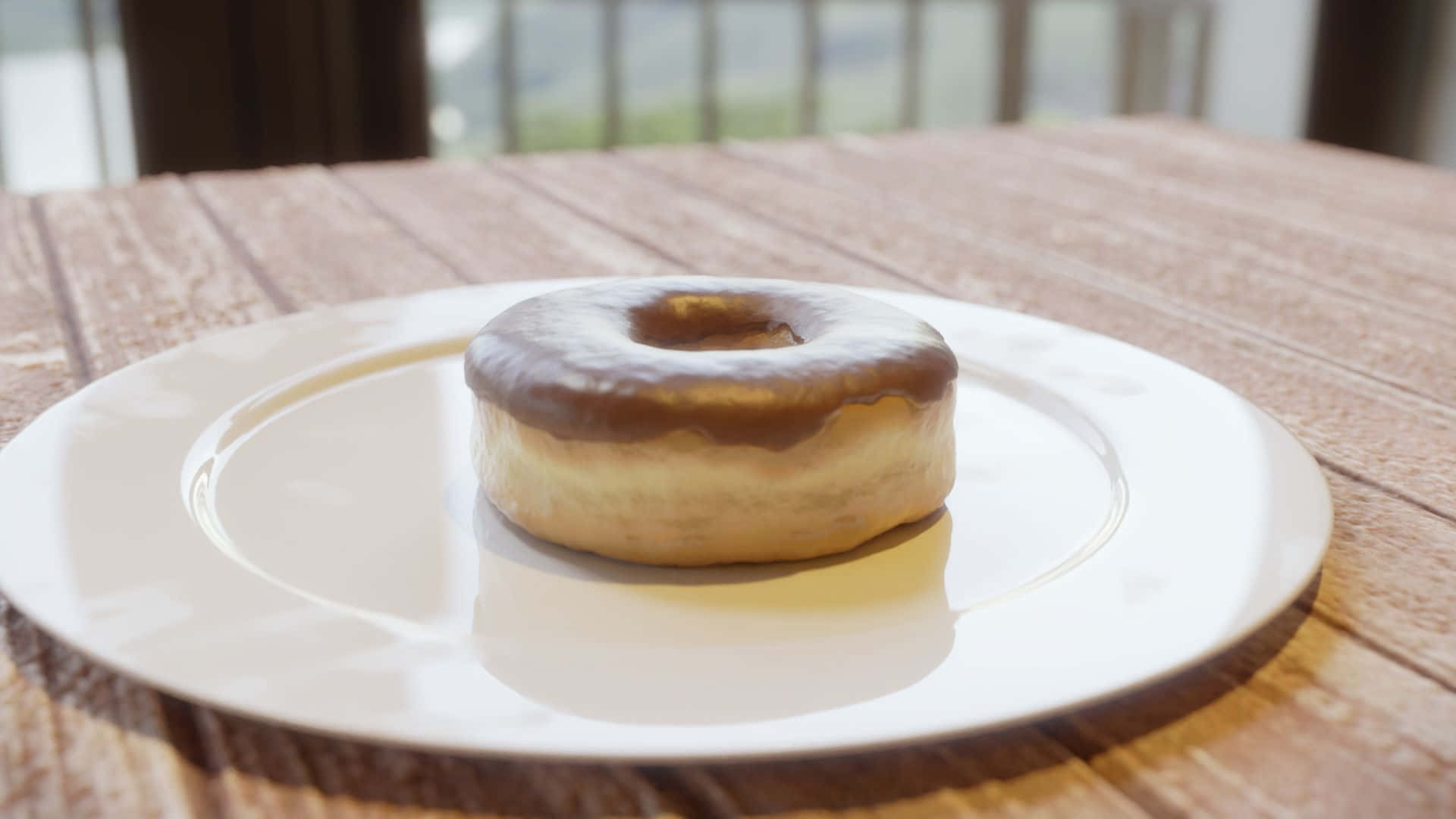 donuts 桌布 壁紙 — 一個糖霜甜甜圈獨自放在白色盤子上，置於質樸的木桌上，伴隨柔和自然光。