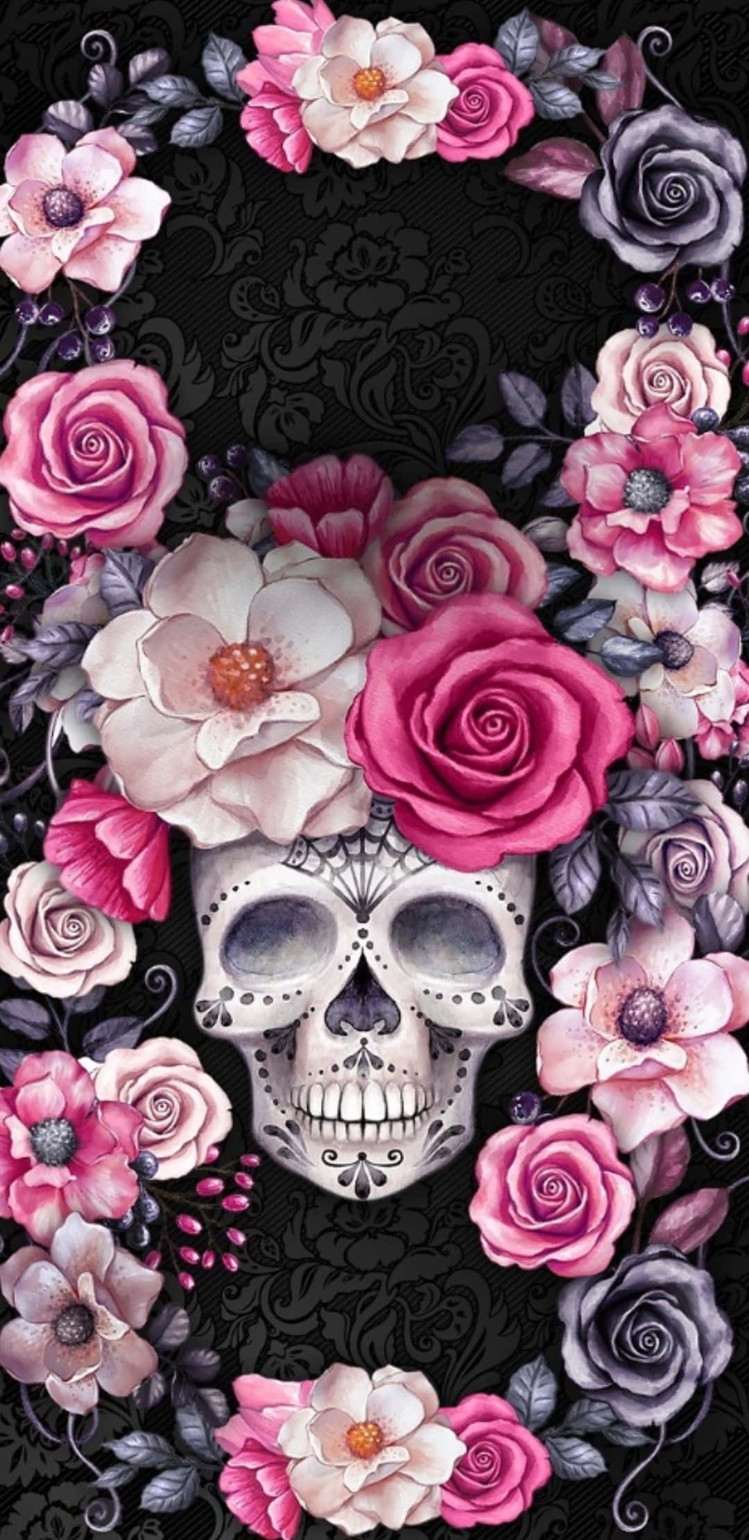 Day Of The Dead 桌布 壁紙 — 一個糖骷髏頭飾以鮮豔的粉紅色和紫色玫瑰，在黑色錦緞背景上綻放。