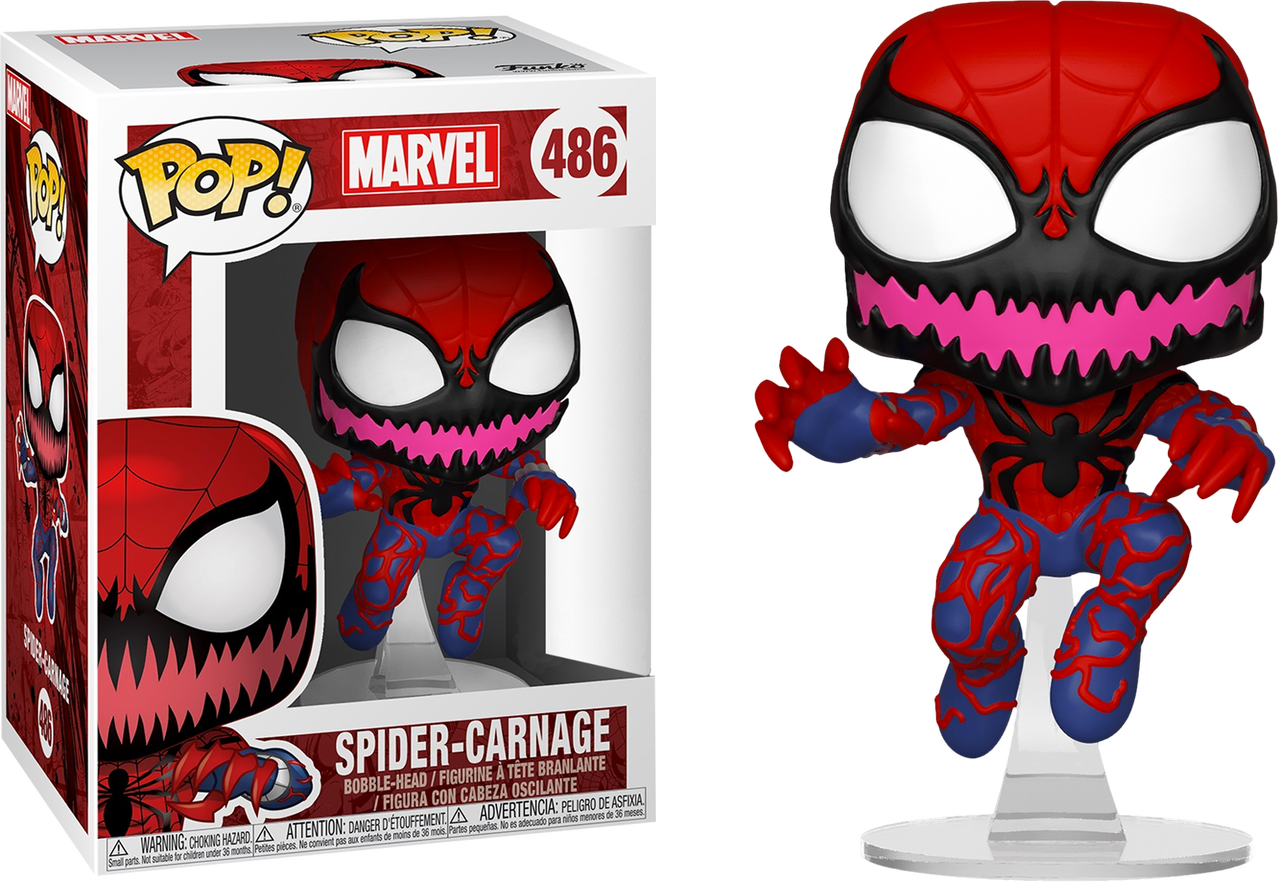 屠殺 桌布 壁紙 — 一個紅、藍、黑色的 Funko Pop! Marvel 蜘蛛屠殺人偶，帶有粉紅色尖牙，展示在盒子旁邊。