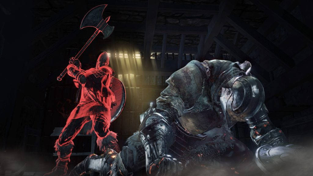 dark souls 4K 桌布 壁紙 — 一個紅光戰士手持斧頭和盾牌，在一個黑暗、佈滿灰塵的大教堂式大廳中對抗一個巨大的裝甲敵人。