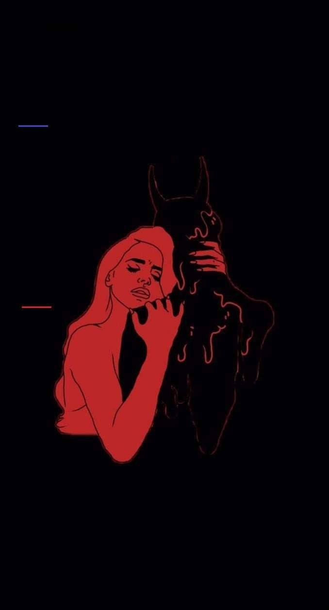 Illustration Art 桌布 壁紙 — 一個紅光照耀的女人在帶有故障線條的純黑背景前擁抱一個正在融化的黑色身影。