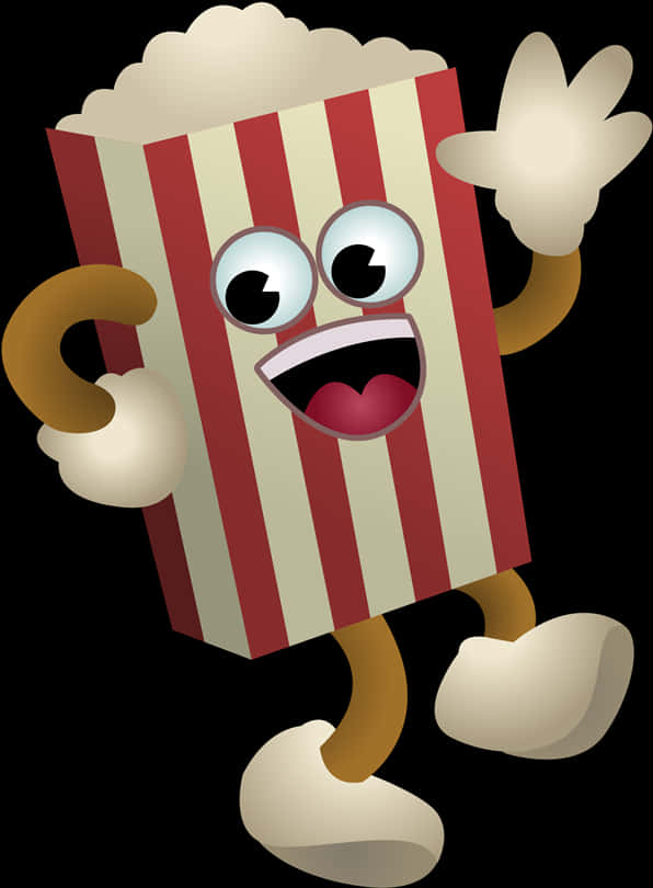 Popcorn Clipart 桌布 壁紙 — 一個紅白條紋的卡通爆米花盒在黑色背景上開心地揮手。