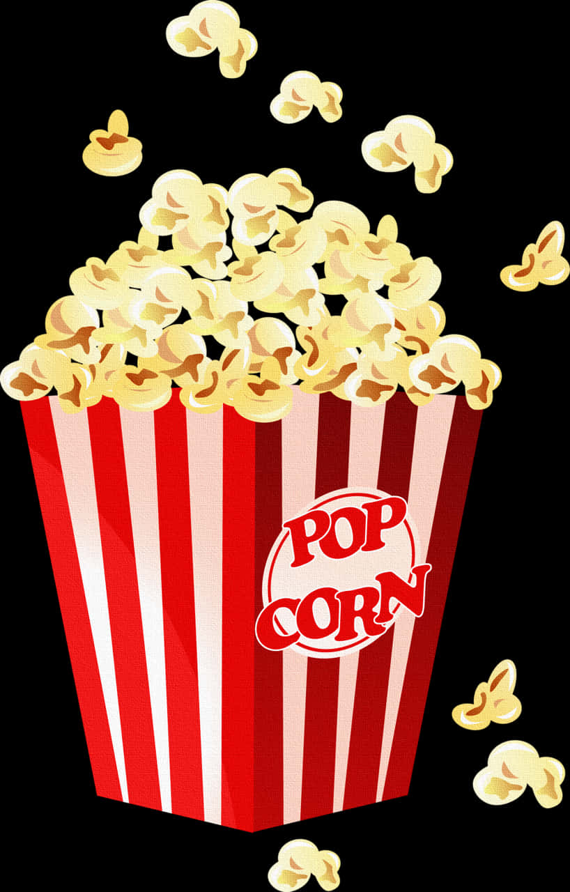 Popcorn Clipart 桌布 壁紙 — 一個紅白條紋的爆米花桶，裝滿金黃色的爆米花，背景為黑色。