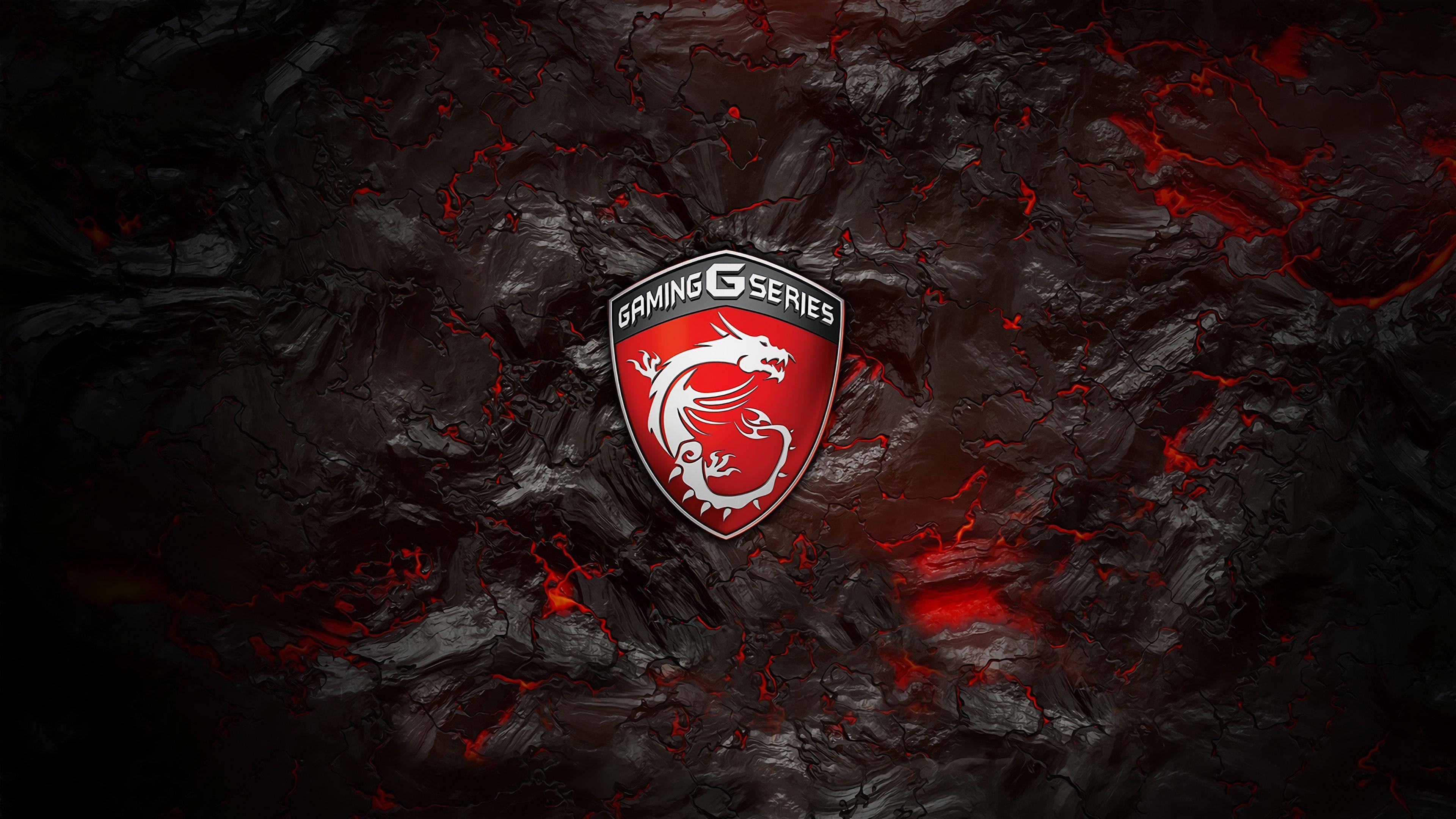 MSI 4K 桌布 壁紙 — 一個紅白相間的MSI Gaming G Series龍標誌，位於裂開的黑色熔岩狀表面上，表面有火紅色的紋理發光。