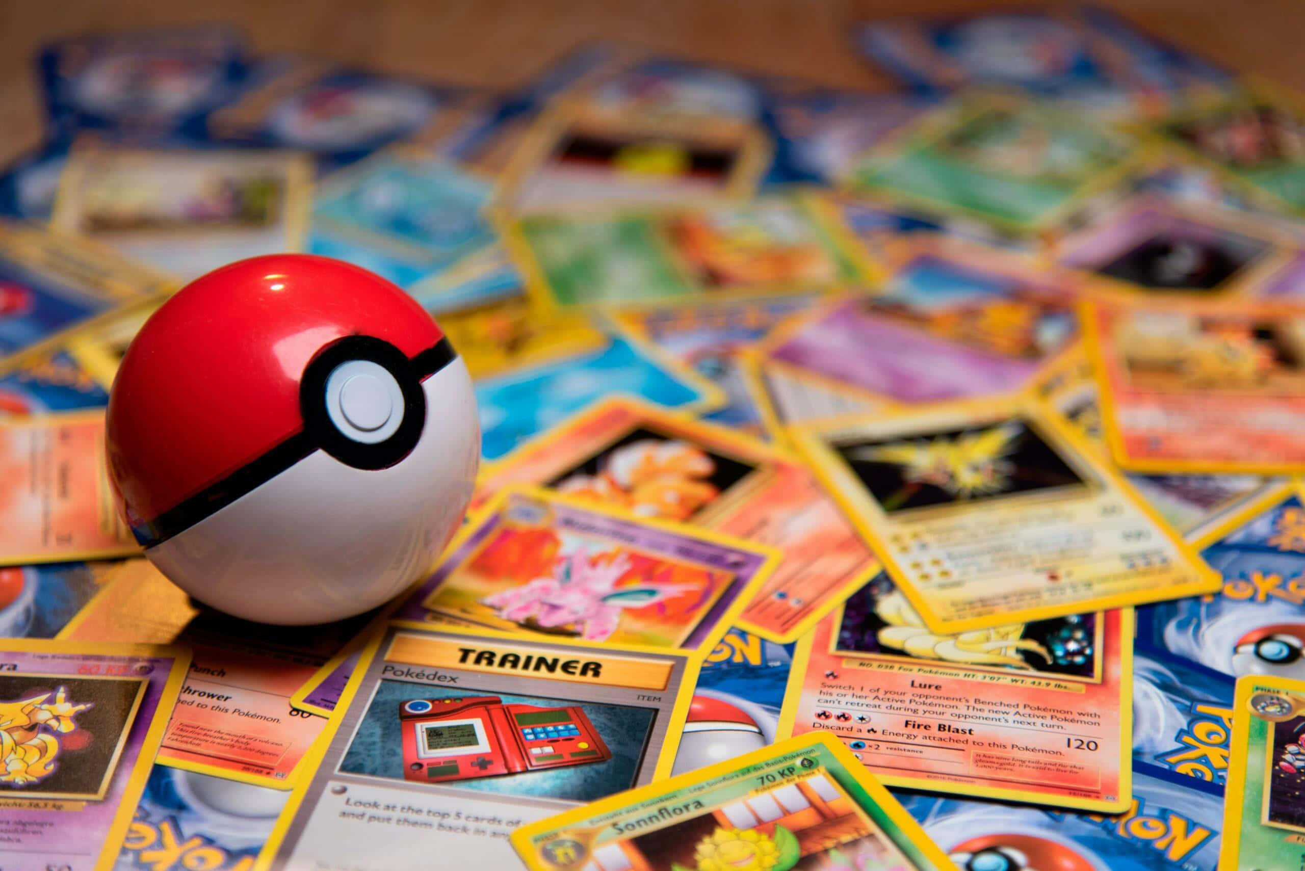 Pokemon Card 桌布 壁紙 — 一個紅白相間的寶可夢球放在木質表面上色彩繽紛散落的寶可夢集換式卡牌堆上。