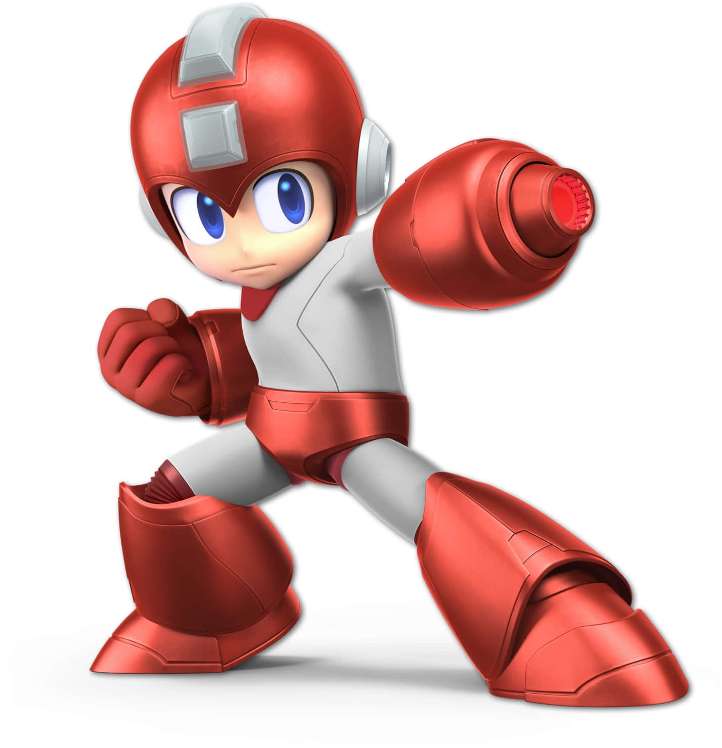 Megaman 桌布 壁紙 — 一個紅白相間的裝甲機器人英雄，擺出動態戰鬥姿勢，雙眼發出藍光。