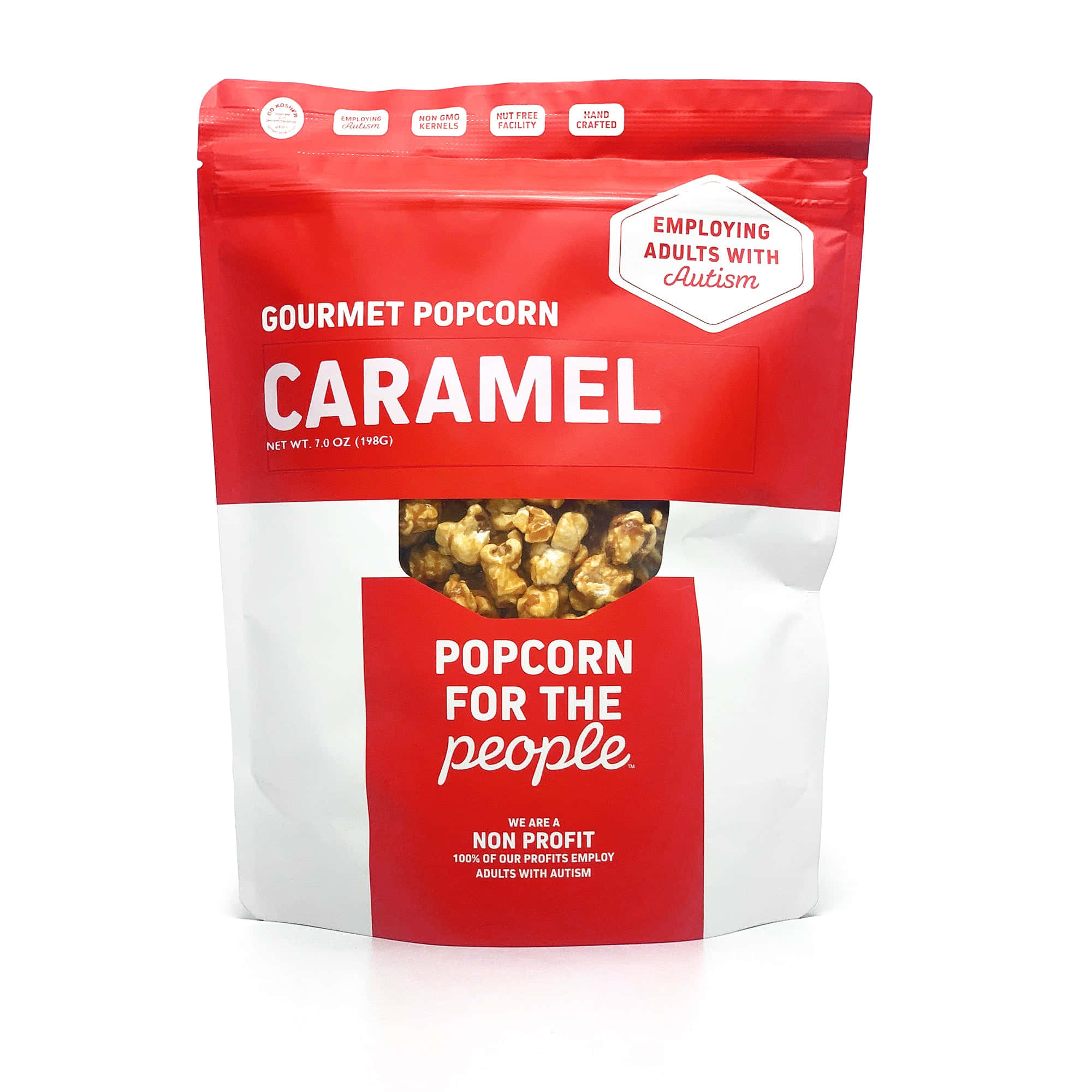 Popcorn 桌布 壁紙 — 一個紅白相間的高級焦糖爆米花袋，帶有透明窗口，展示甜味包裹的爆米花粒。