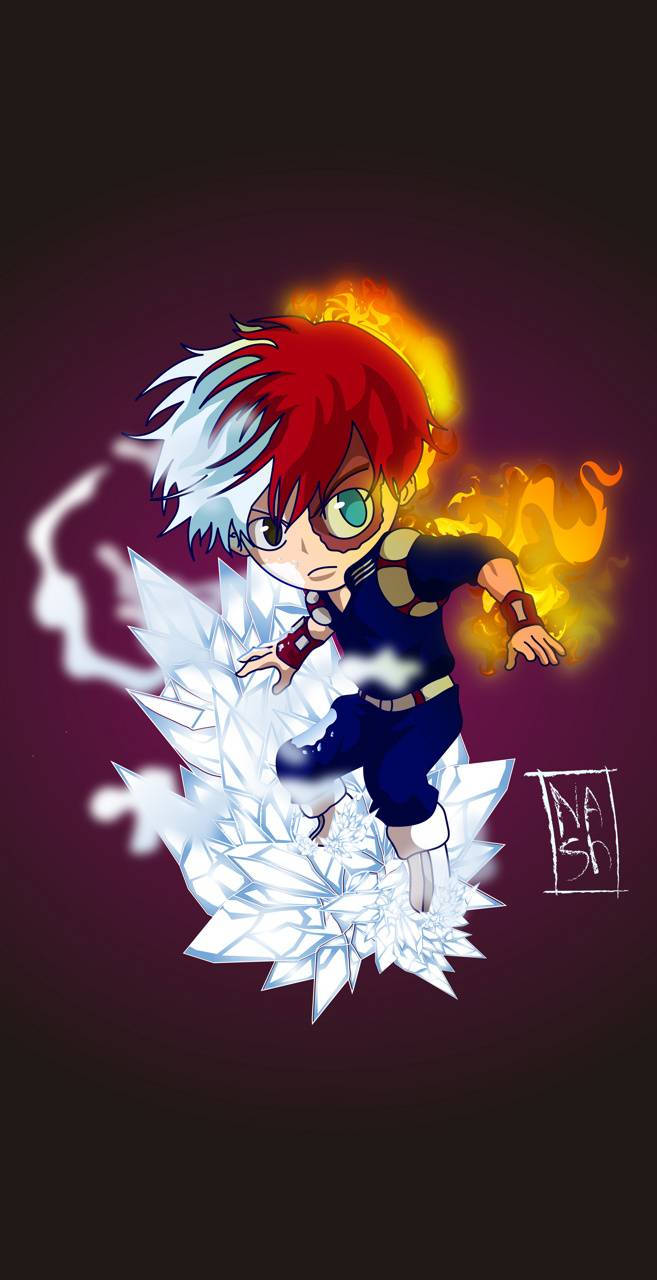 Todoroki 桌布 壁紙 — 一個紅白頭髮的Q版動漫男孩站在鋸齒狀的冰層上，火焰在他身後爆發，背景是深紫色。
