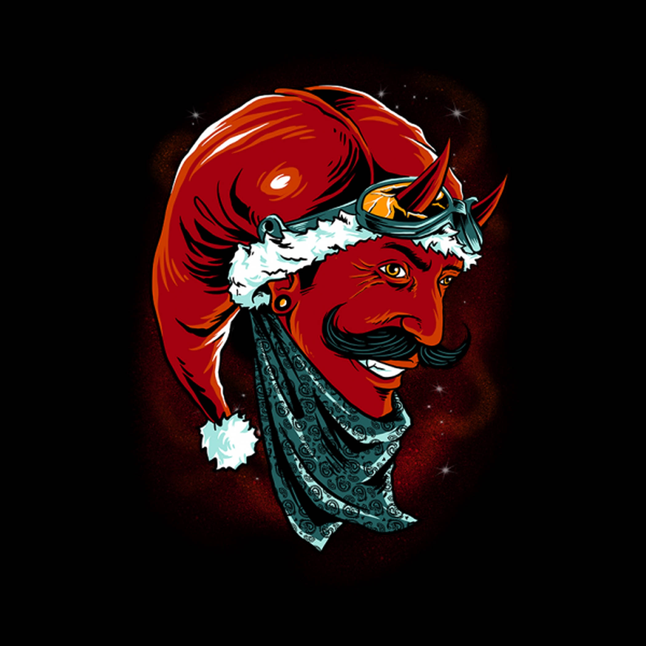 evil 桌布 壁紙 — 一個紅皮膚、有角、戴聖誕帽的魔鬼在星空黑暗背景前微笑。