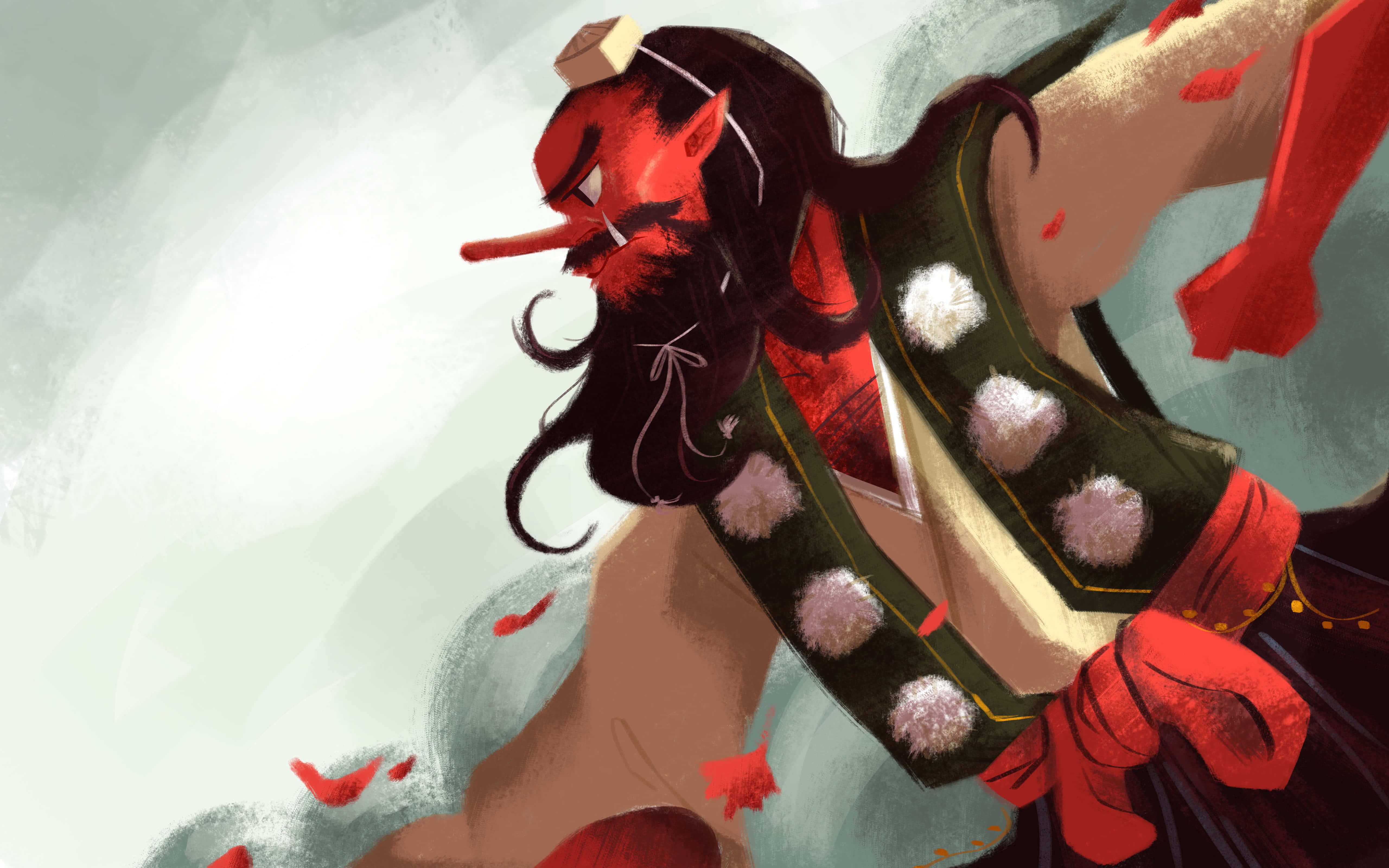 Tengu 桌布 壁紙 — 一個紅皮膚、有角且長鼻子的惡魔，在柔和的灰色背景前，穿著飄逸的綠色和紅色服裝動感地跳舞。