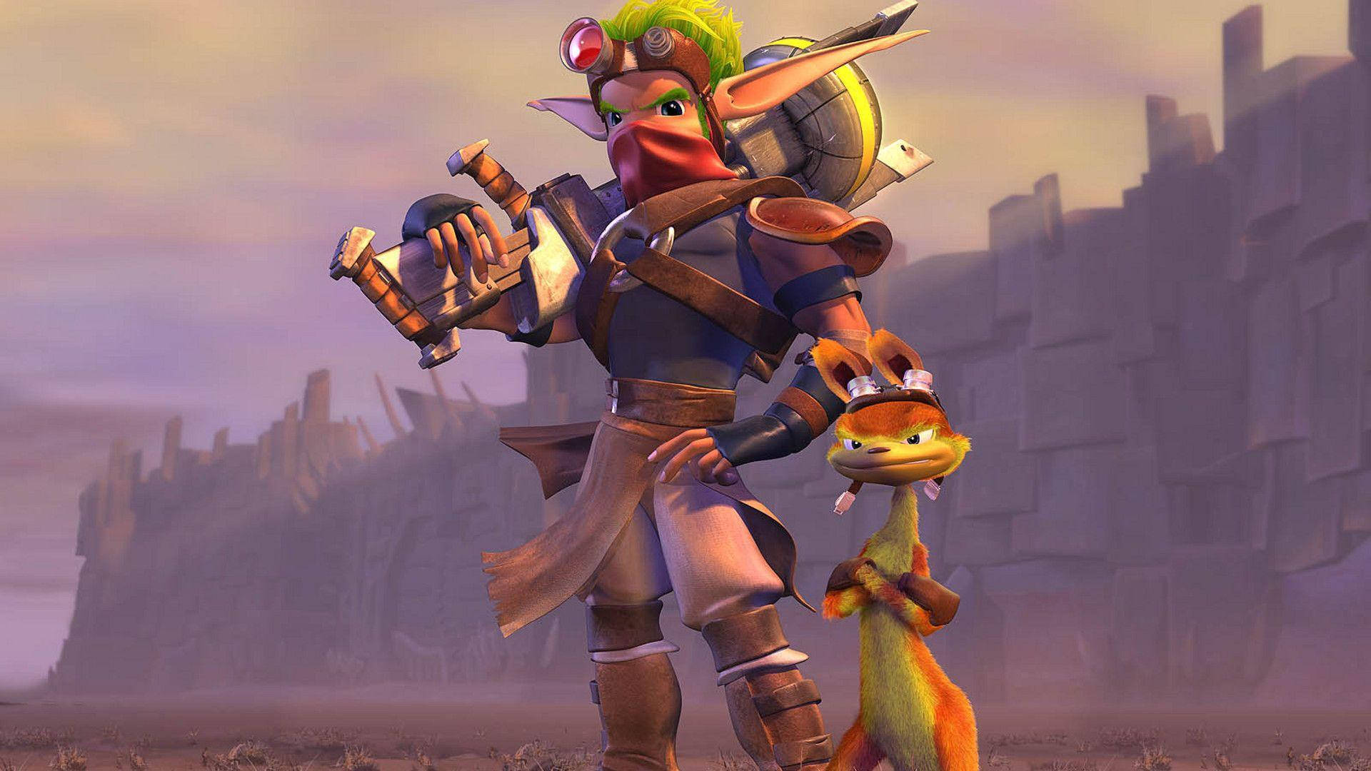 Jak 3 桌布 壁紙 — 一個紅皮膚、綠頭髮、戴護目鏡的戰士，與一隻橙色小生物站在塵土飛揚的廢墟中，天空朦朧。