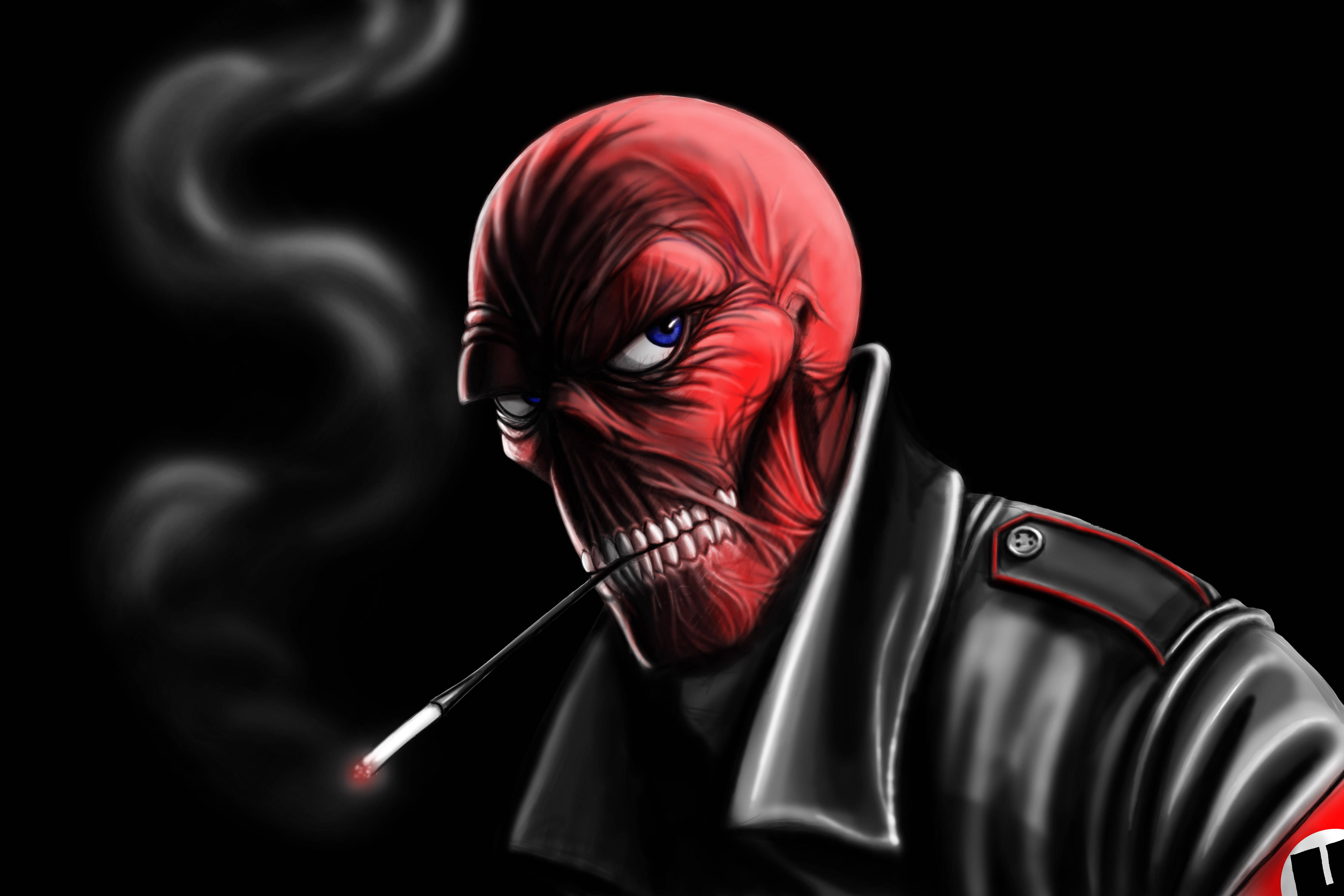 Red Skull 桌布 壁紙 — 一個紅皮膚、藍眼睛的威脅性動漫角色在黑色背景中抽煙，煙霧繚繞。