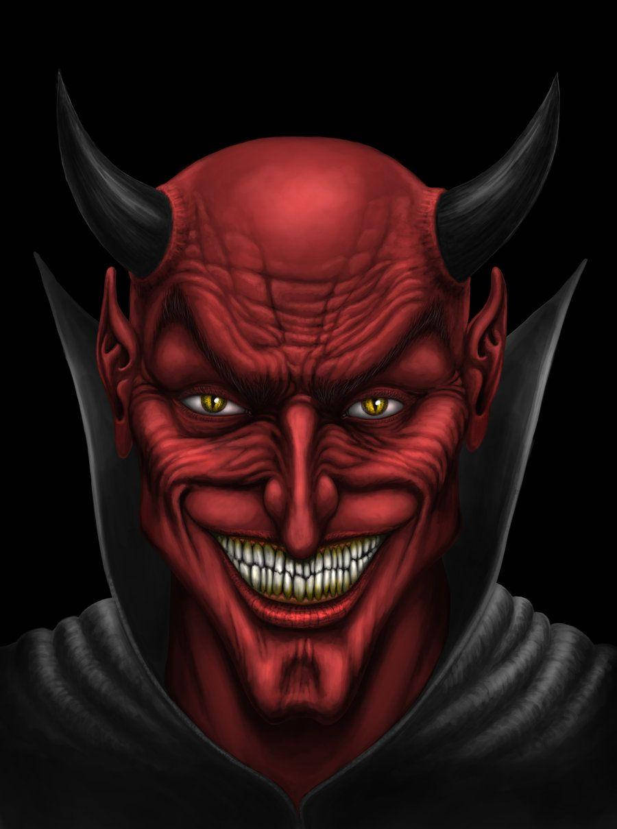 惡魔 桌布 壁紙 — 一個紅皮膚、長著黑色角、咧嘴露出牙齒的惡魔，在黑色背景下凶狠地凝視著。