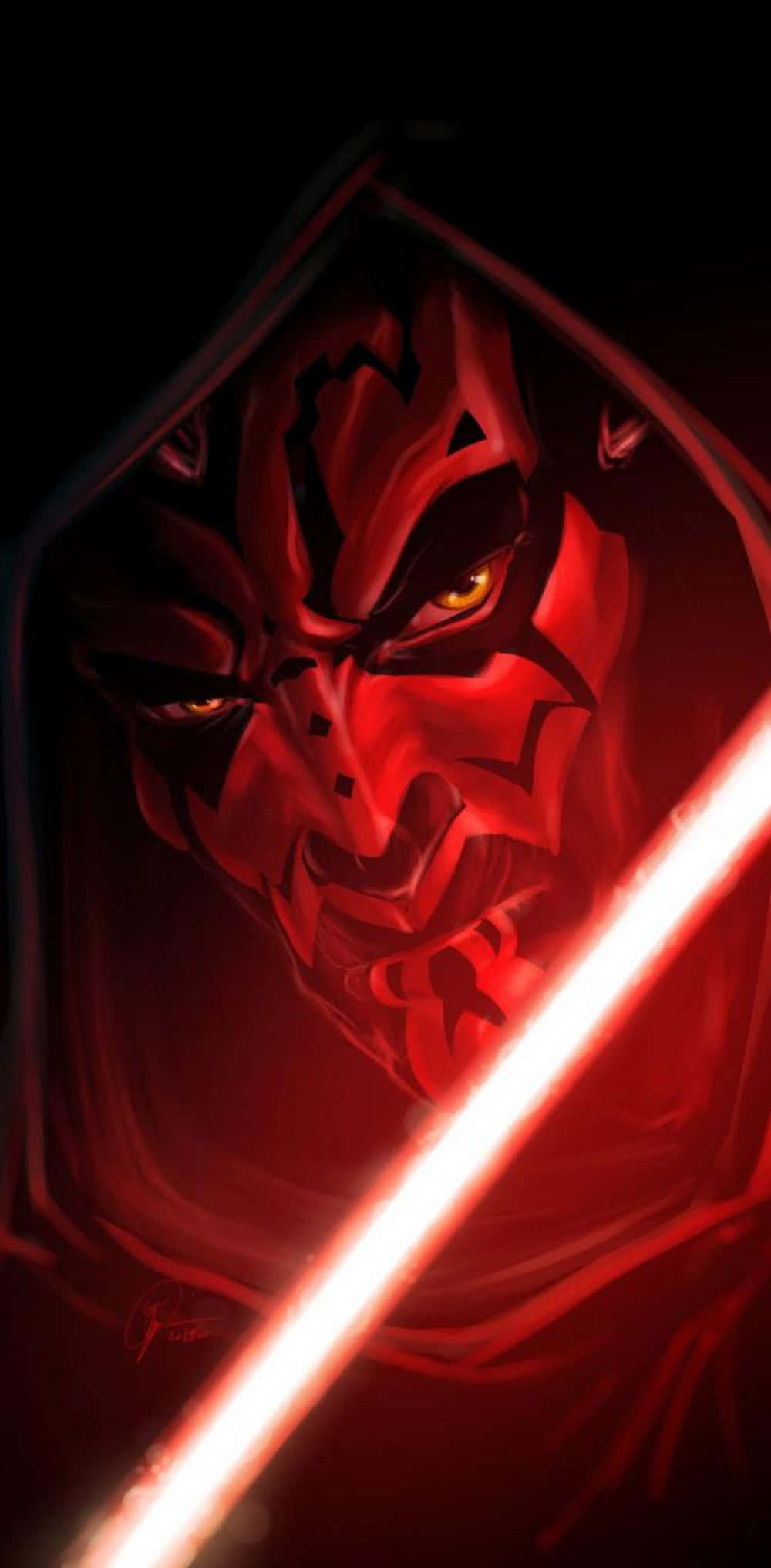 Star Wars Profile 桌布 壁紙 — 一個紅皮膚、黃眼睛發光、手持紅色光劍的西斯尊主，從黑暗中怒視。