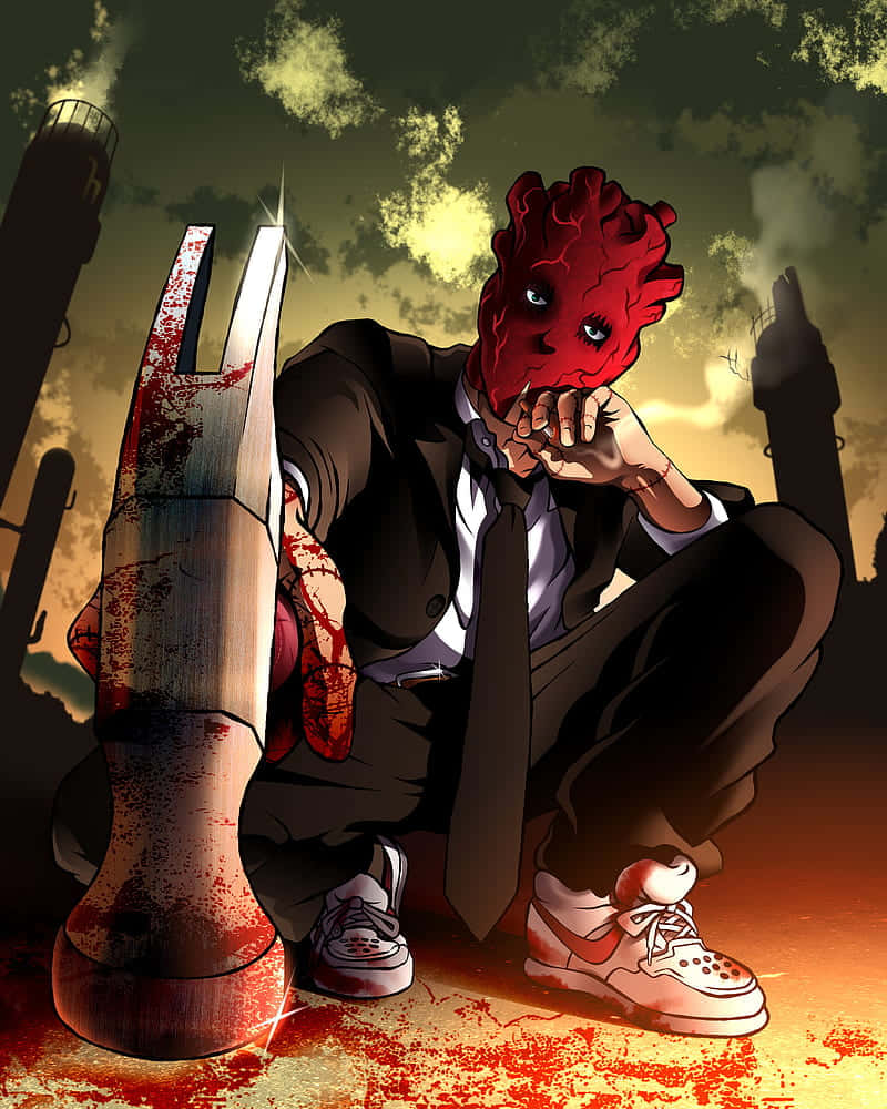 dorohedoro 桌布 壁紙 — 一個紅皮膚的動漫角色穿著西裝，在煙霧瀰漫的黃昏天空下蹲在血跡斑斑的錘子旁邊。