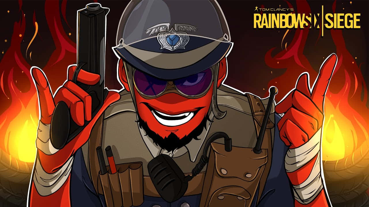 Rainbow Six Siege Thermite 桌布 壁紙 — 一個紅皮膚的動畫士兵，戴著頭盔和太陽眼鏡，手持手槍，在熊熊火焰前做出和平手勢。