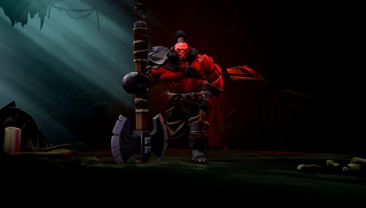 dota 2 4K 桌布 壁紙 — 一個紅皮膚的惡魔戰士手持巨斧，站在一個黑暗、迷霧籠罩的洞穴中，被詭異的綠光照亮。