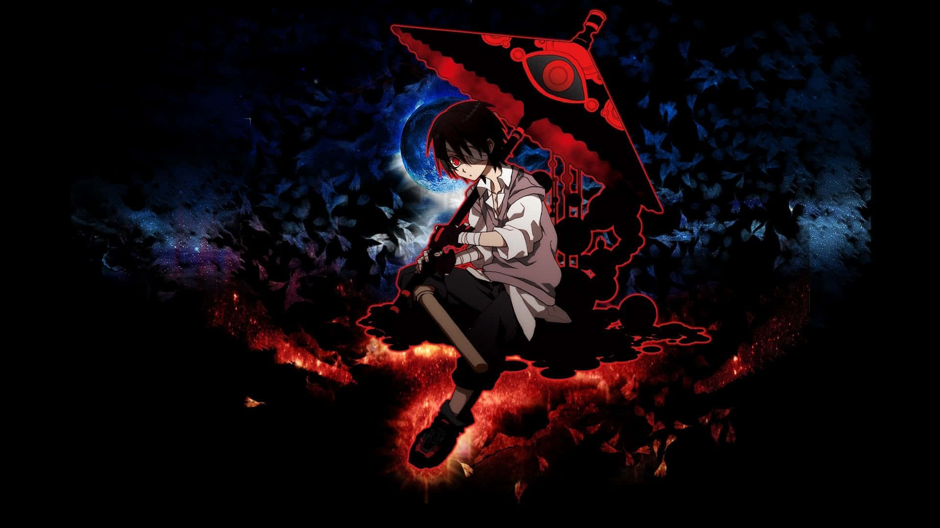 Dark Anime Boy 桌布 壁紙 — 一個紅眼動漫男孩在黑暗的宇宙背景下，揮舞著一把發光的紅色劍，地面燃燒，還有一顆藍色星球。