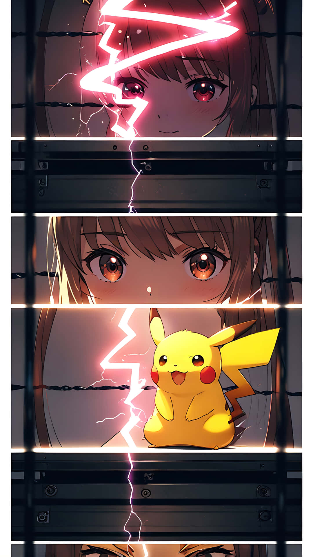 Pikachu's Electric Charm - Cute, Playful, and Bold. smartphone wallpaper 壁紙 — 一個紅眼女孩和皮卡丘被一道發光的粉紅色閃電分成三個水平面板。