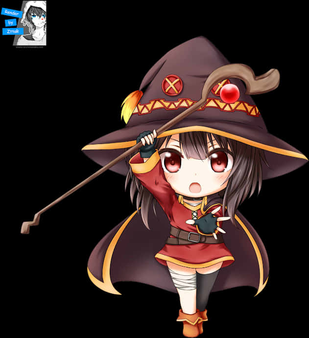 Megumin 桌布 壁紙 — 一個紅眼睛、戴寬邊帽子的Q版動漫女巫在黑色背景前拿著法杖。