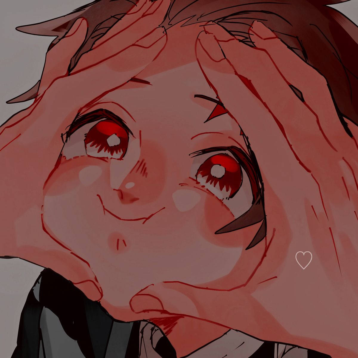 anime funny 桌布 壁紙 — 一個紅眼睛、臉頰泛紅的動漫角色特寫，雙手抱著頭微笑。