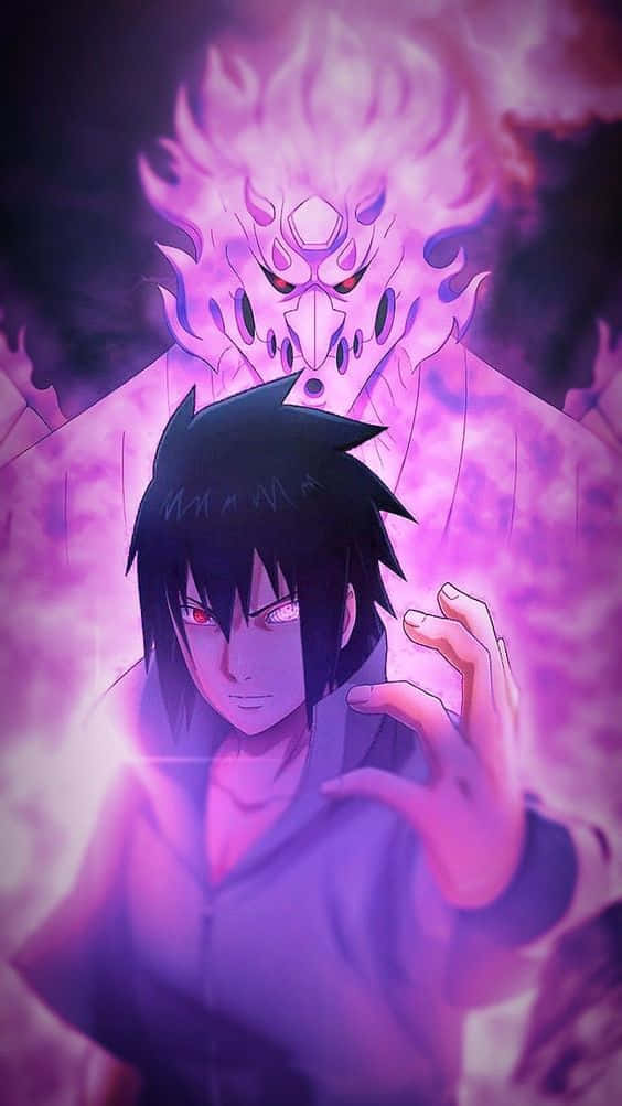 Purple Sasuke 桌布 壁紙 — 一個紅眼睛的年輕動漫男孩以戲劇性的姿勢引導背後發光的紫色惡魔靈魂。