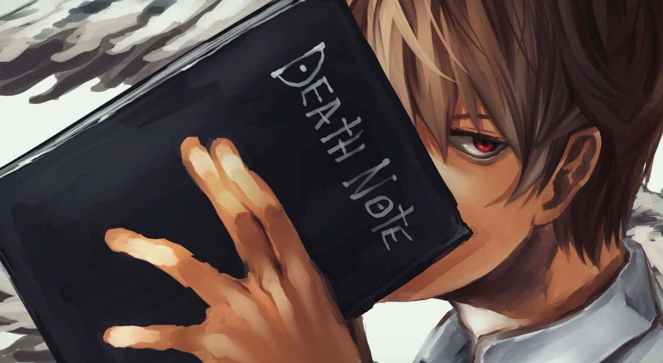 Light Yagami 桌布 壁紙 — 一個紅眼睛的年輕動漫男孩拿著一本標有Death Note的黑色筆記本貼在臉上。