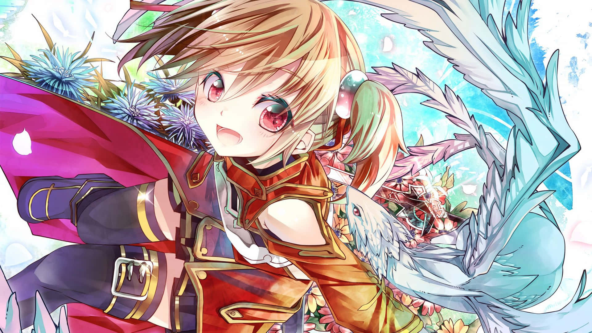 Sword Art Online Silica 桌布 壁紙 — 一個紅眼金髮的開朗動漫女孩，在盛開的藍色花朵中，手持劍站在一條巨大的白色龍旁邊。