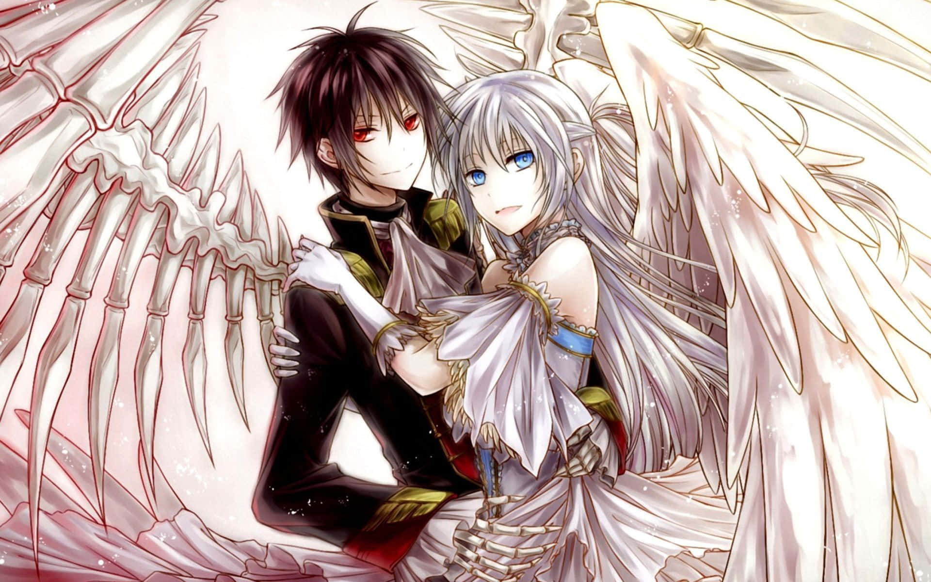Relationship 桌布 壁紙 — 一個紅眼黑髮惡魔擁抱一個藍眼銀髮天使，天使有大型白色翅膀，背景是骷髏翅膀。
