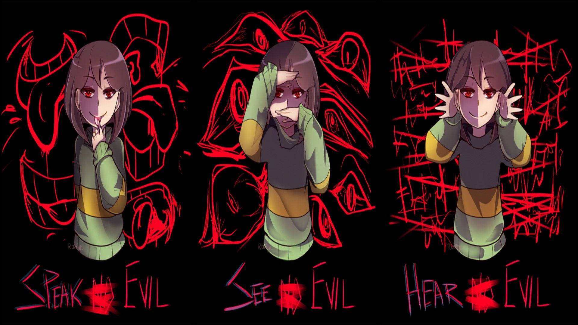 Undertale 桌布 壁紙 — 一個紅眼黑髮的Q版動漫女孩在黑色背景上帶有紅色惡魔塗鴉的三個面板中展示，每個面板標有「說邪惡」、「看邪惡」、「聽邪惡」，她遮住嘴巴、眼睛和耳朵