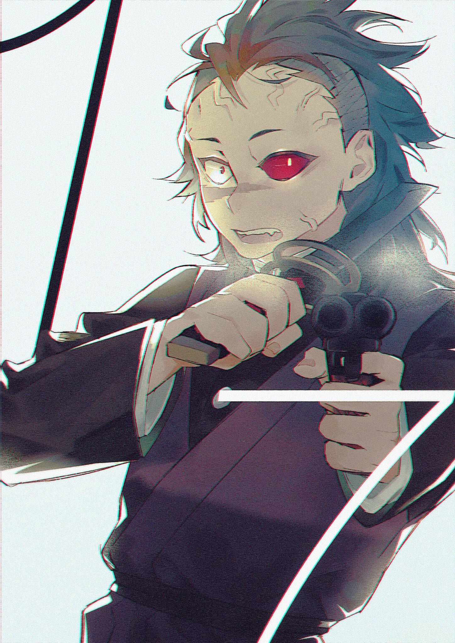 genya 桌布 壁紙 — 一個紅眼黑髮的動漫角色，在淺色背景下以緊張、風格化的姿勢握著劍和槍。