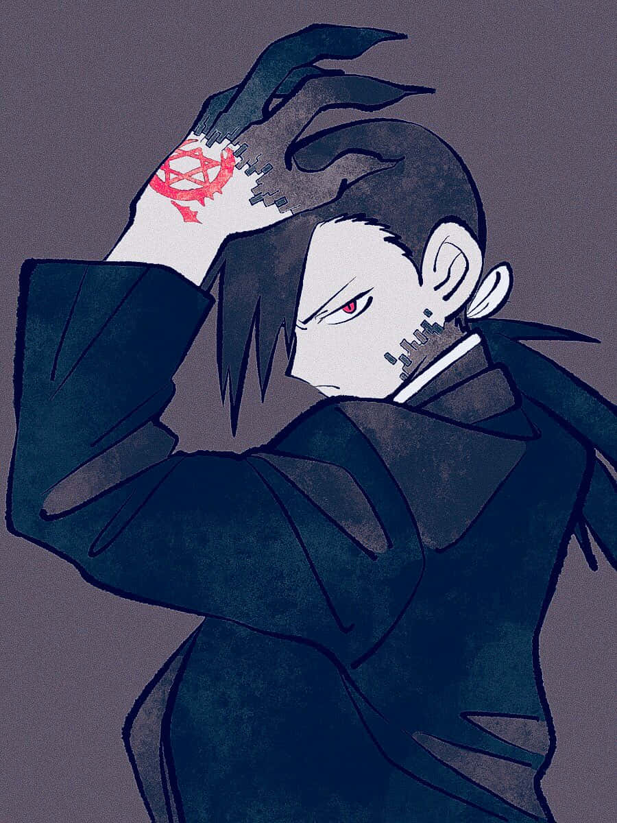 Greed 桌布 壁紙 — 一個紅眼黑髮的動漫角色在灰色背景前舉起一隻帶有紅色五角星紋身的手。