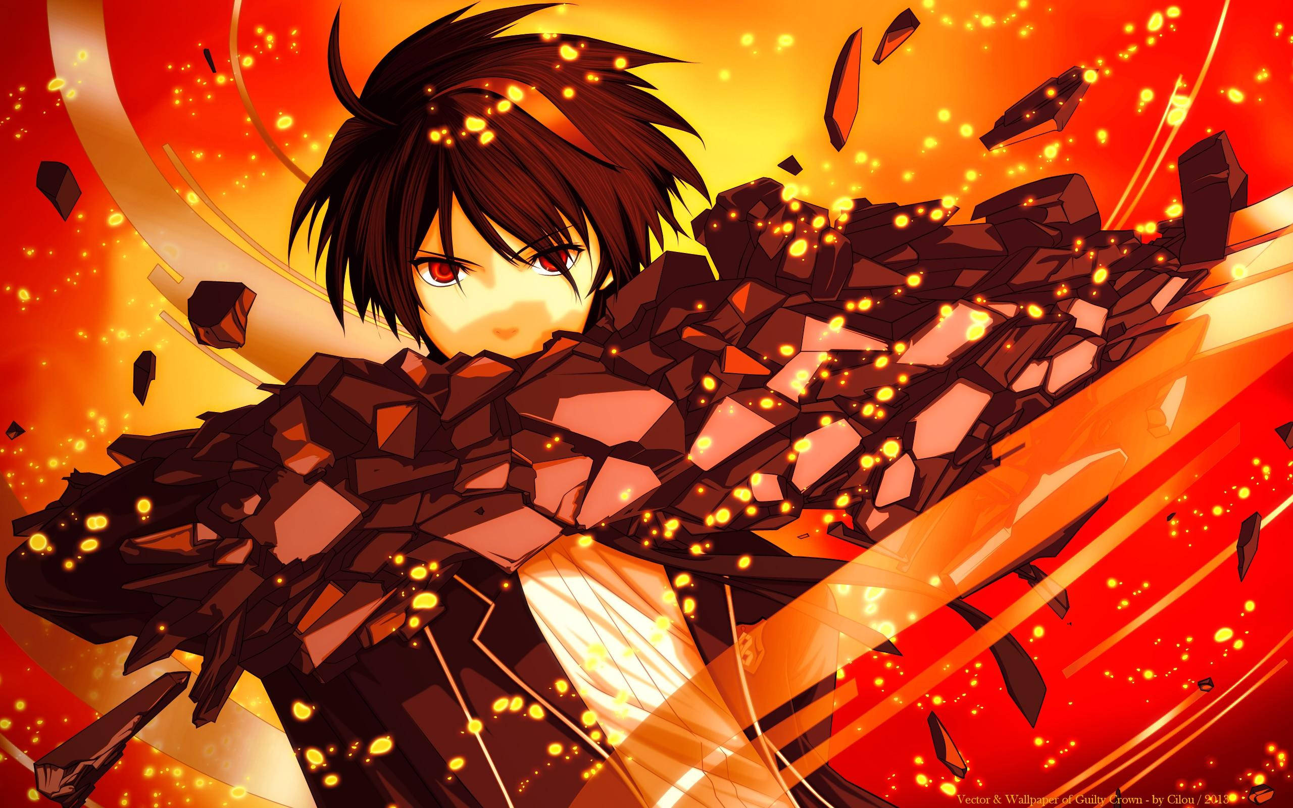 Crazy Anime Boy 桌布 壁紙 — 一個紅眼黑髮的動漫角色從破碎、發光的橙色和紅色背景中出現。