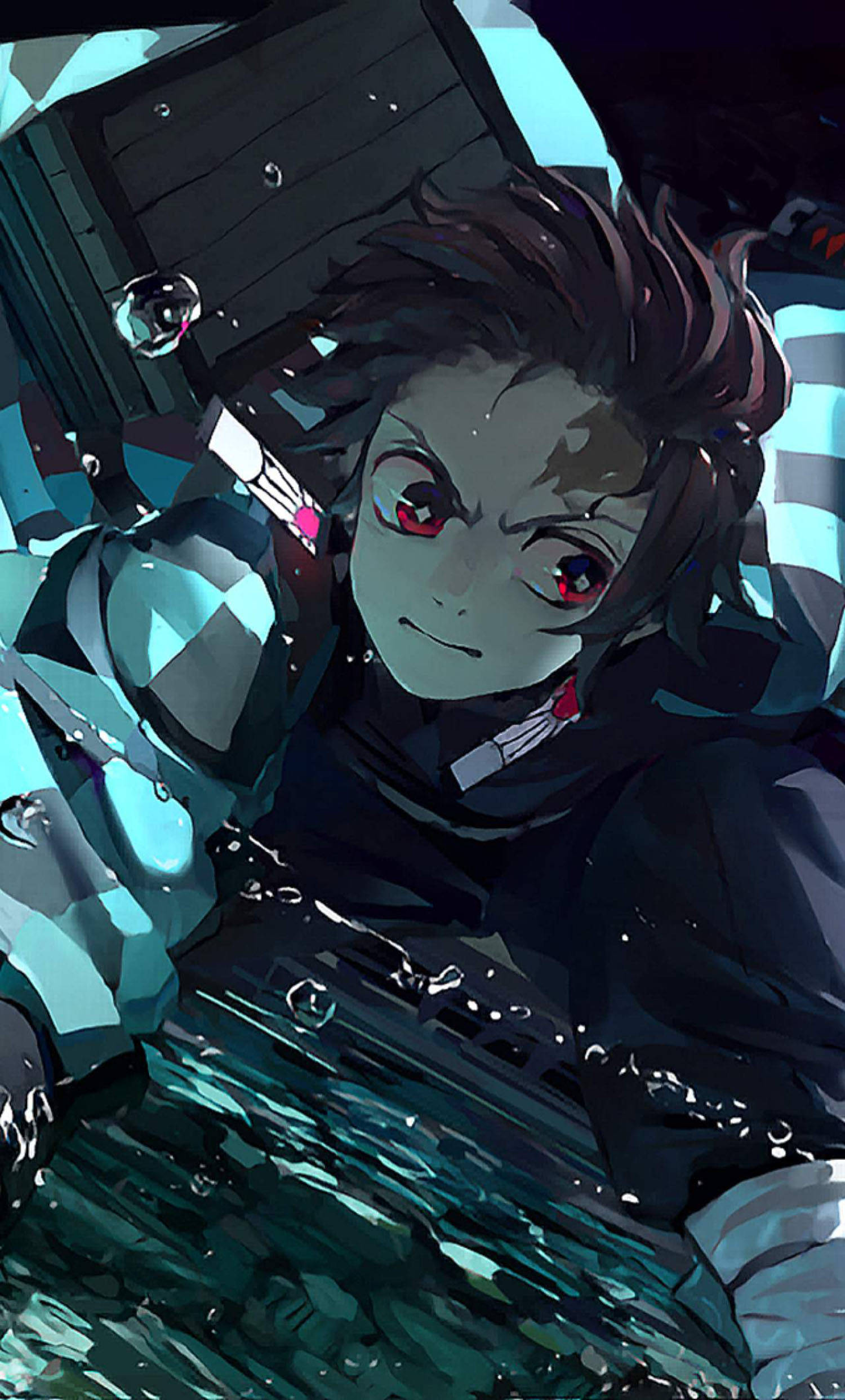 tanjiro pfp 桌布 壁紙 — 一個紅眼黑髮的動漫角色從青綠色的水中浮現，手持劍，表情堅定。