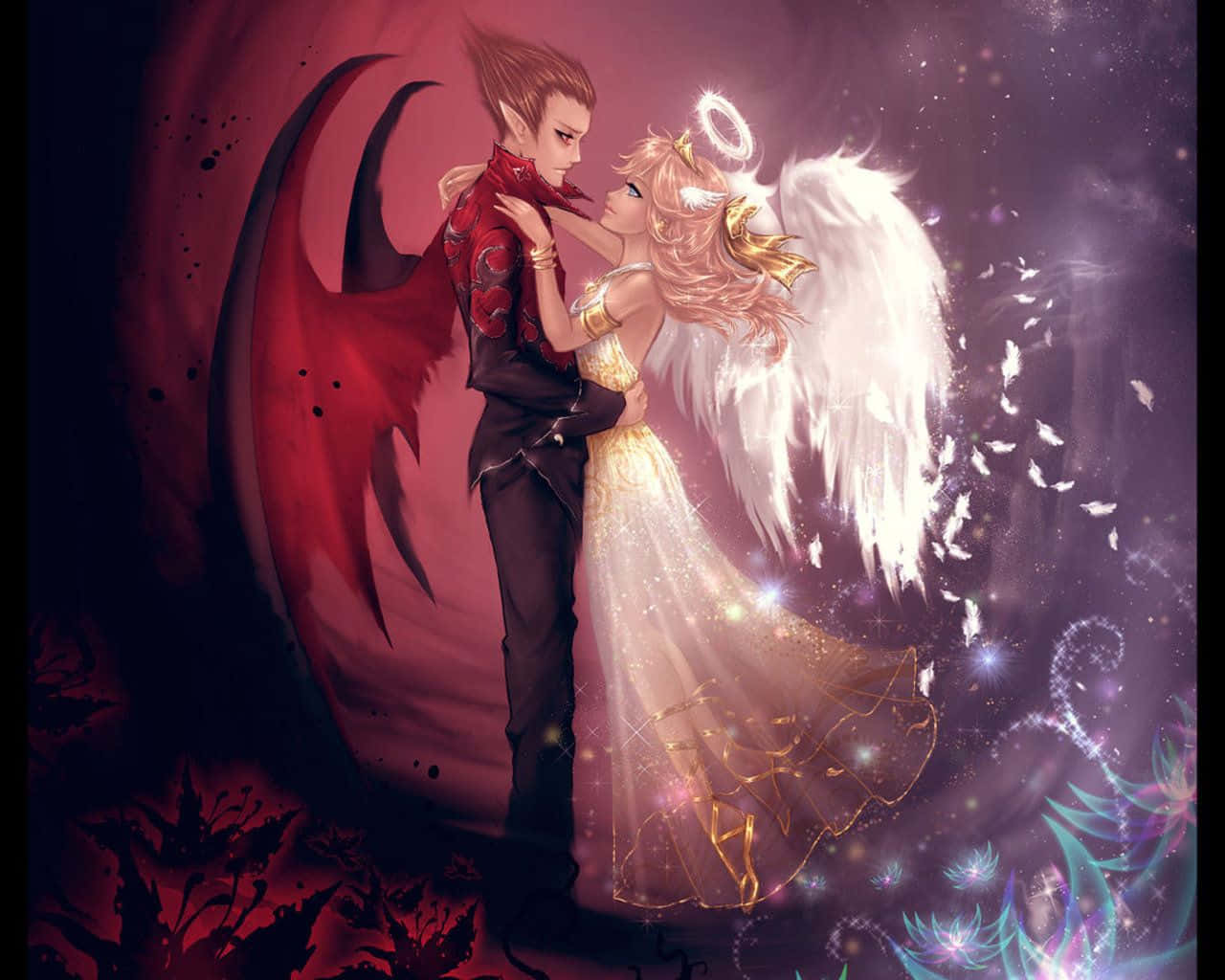 angels 桌布 壁紙 — 一個紅翼惡魔擁抱一個穿著發光長袍的天使，背景是星空和漂浮花瓣的宇宙場景。