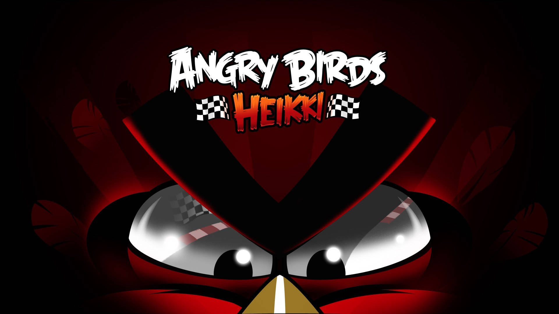 Angry 桌布 壁紙 — 一個紅色 Angry Birds 角色的特寫，帶有發光的眼睛和賽車格紋裝飾，背景為深紅色。