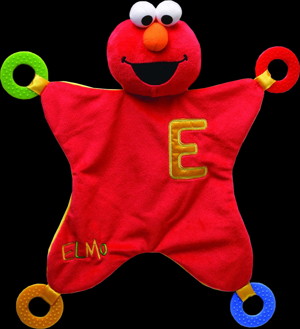 Elmo 桌布 壁紙 — 一個紅色 Elmo 毛絨玩具，手臂和腿上有彩色紋理環，背景為黑色。