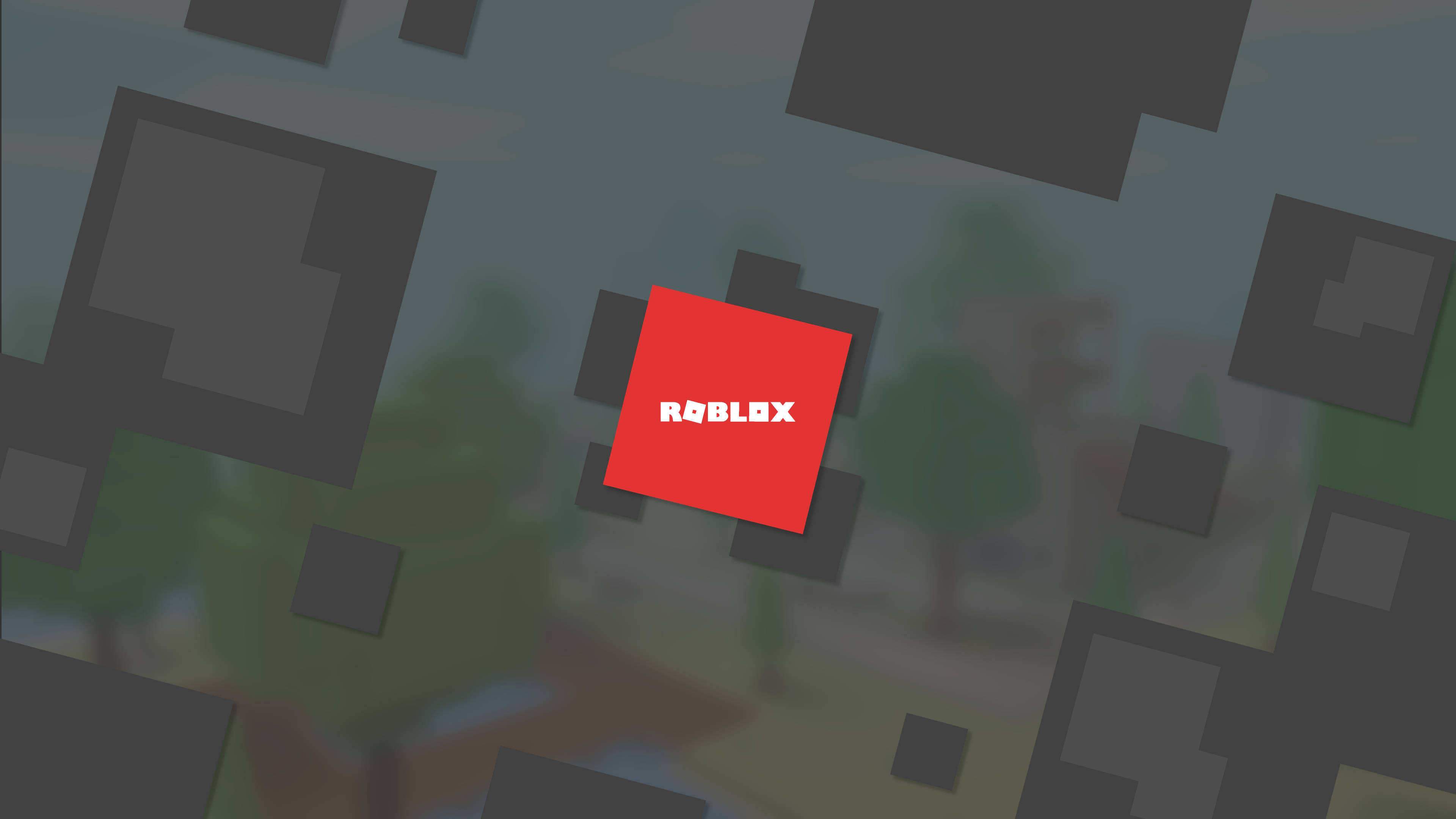Roblox 桌布 壁紙 — 一個紅色 Roblox 標誌，置中於模糊像素化的樹木和建築物背景上。