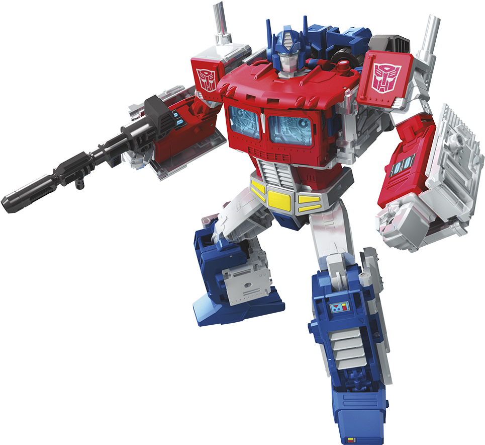 變形金剛 桌布 壁紙 — 一個紅色、藍色和白色的柯博文（Optimus Prime）動作人偶以機器人模式站立，手持一把大槍，背景為黑色。