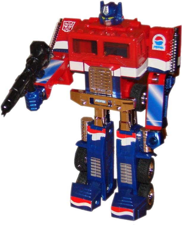 變形金剛 桌布 壁紙 — 一個紅色、藍色和銀色的Optimus Prime玩具機器人，帶有Pepsi品牌標誌和黑色大炮手臂，背景為黑色。