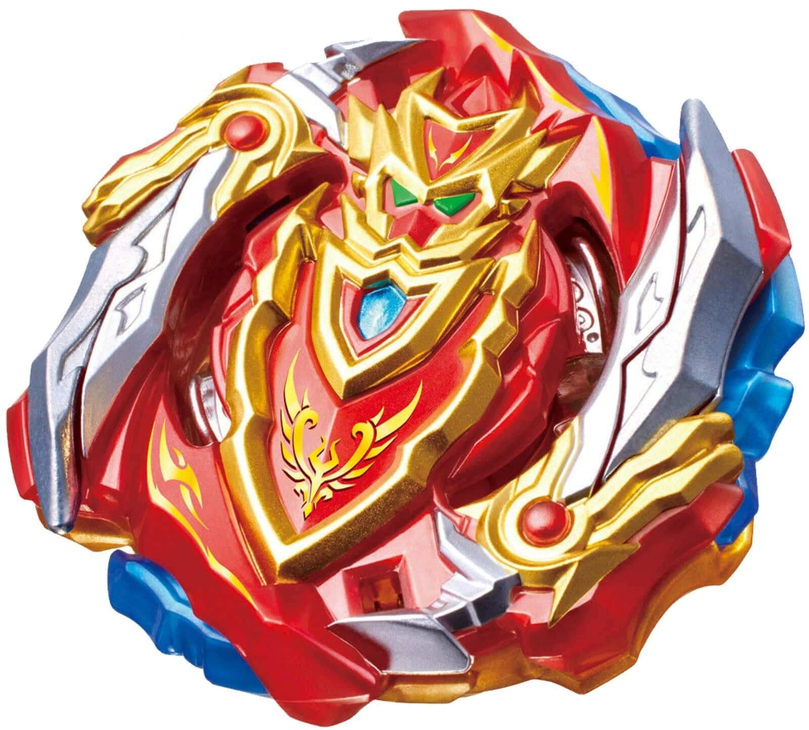戰鬥陀螺爆裂 桌布 壁紙 — 一個紅色、金色和藍色的Beyblade，帶有龍臉和火焰圖案，背景為白色。