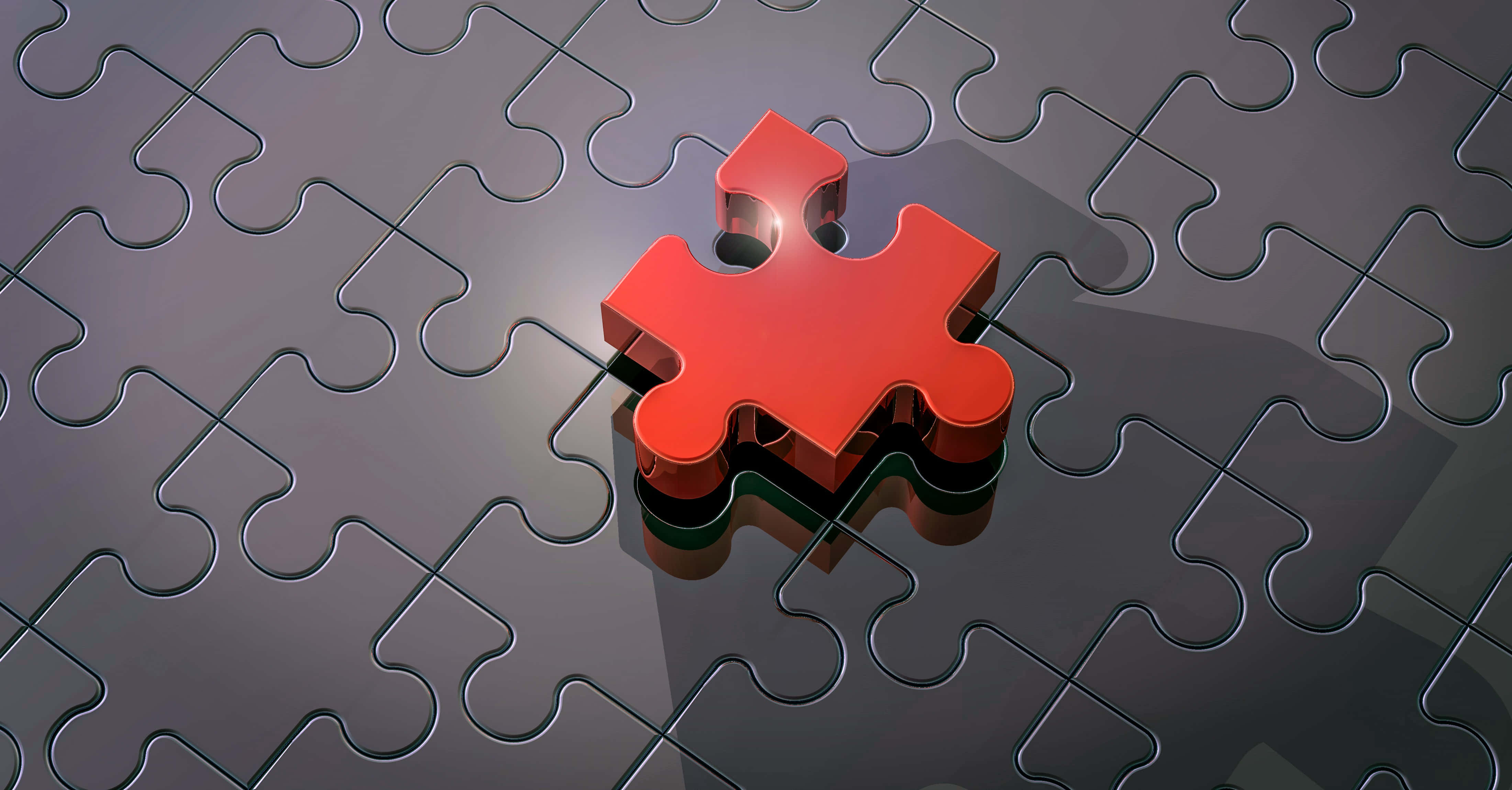 Puzzle 桌布 壁紙 — 一個紅色3D拼圖塊漂浮在深灰色拼圖網格上方，有明亮的光線照射在上面。