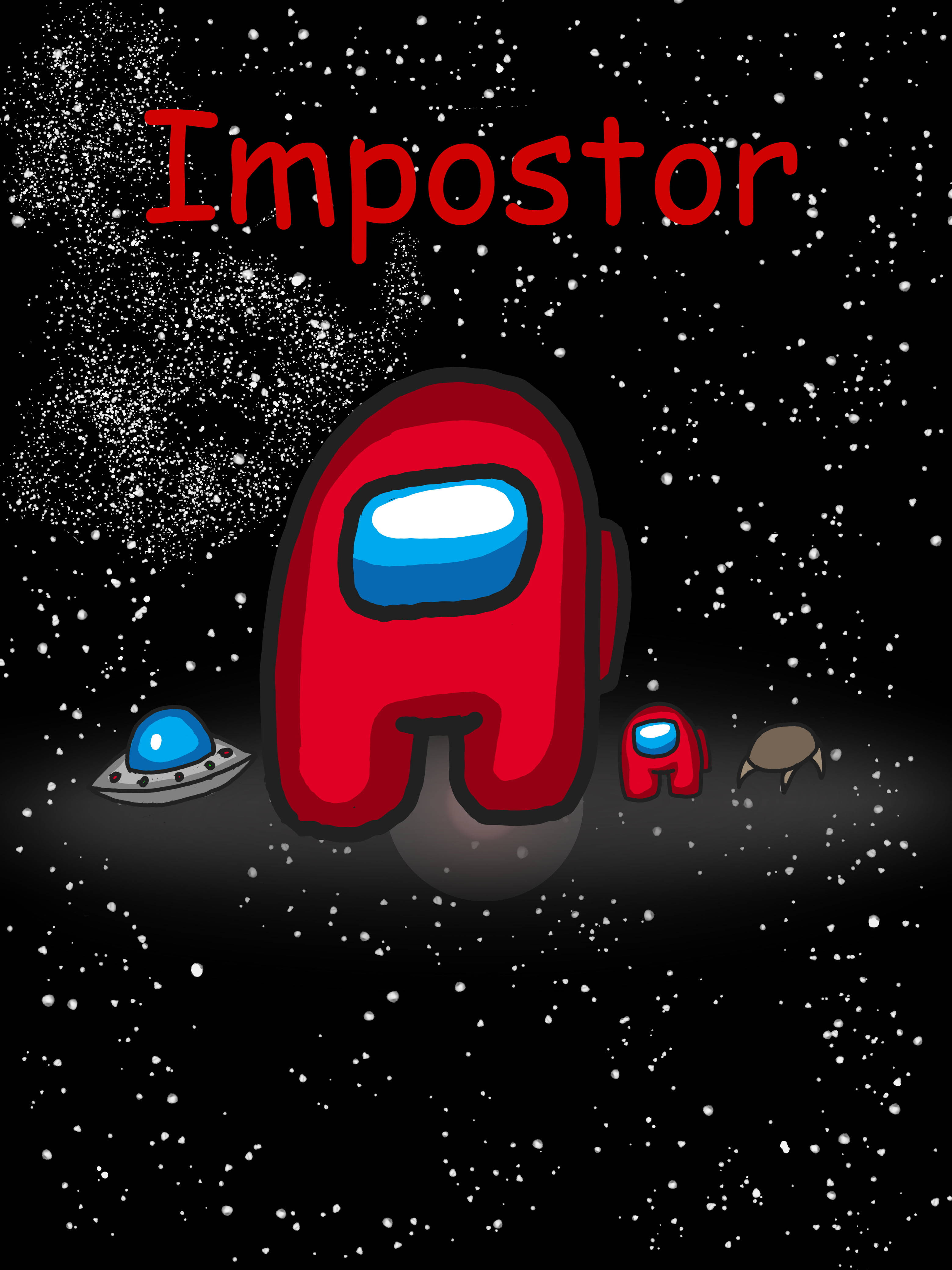 Among US Impostor 桌布 壁紙 — 一個紅色Among Us冒名頂替者在太空中漂浮，附近有一個小型UFO和另一個船員。
