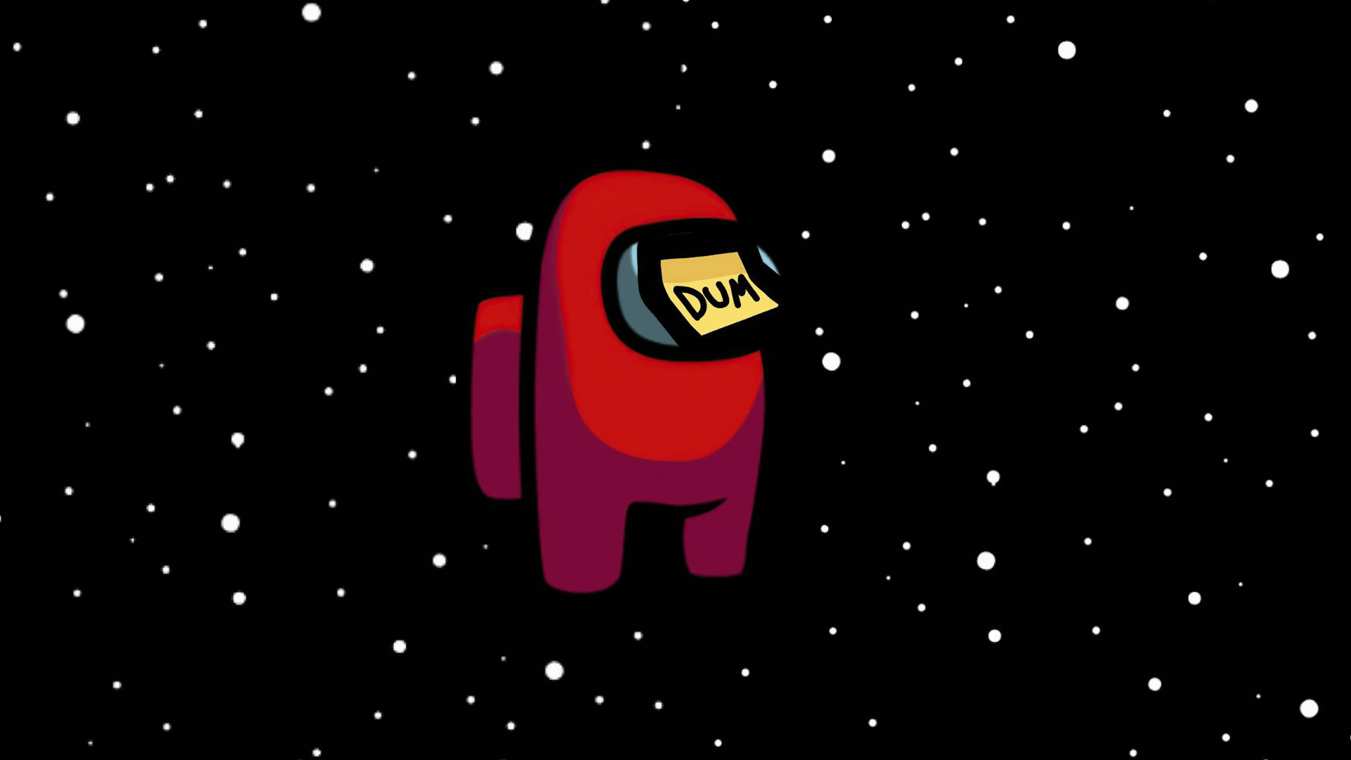 US 桌布 壁紙 — 一個紅色Among Us角色在星空黑色背景中漂浮，面罩上帶有「DUM」字條。